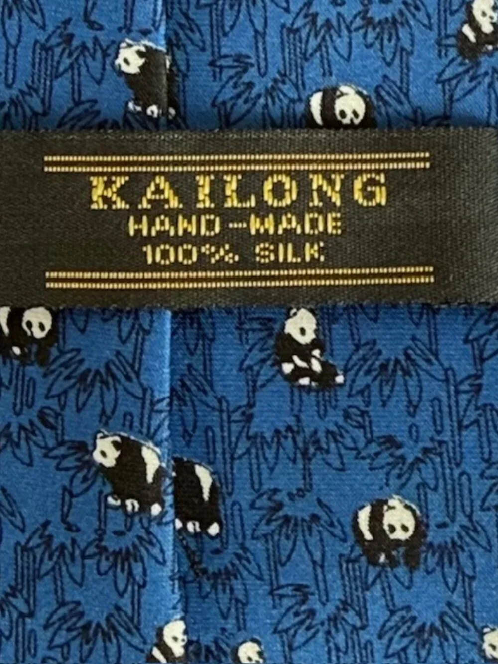 Kailong Vintage Mens Tie Handmade 100% Silk Panda Bears & Bamboo Blue Dress